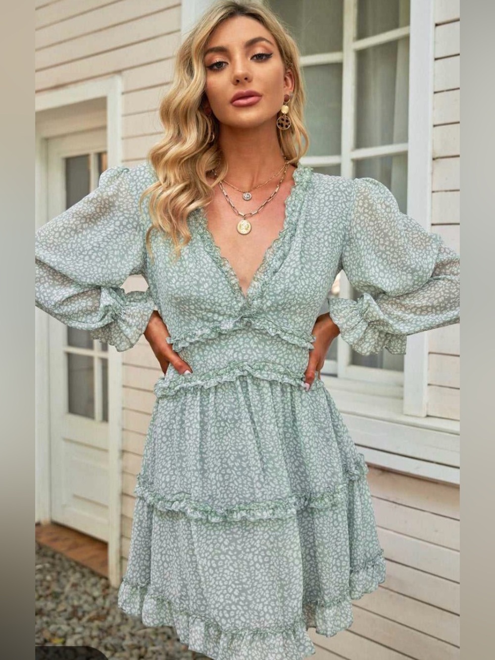 Sage Green Ruffle Tiered V-Neck Mini Dress